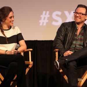 Christian Slater and Carly Chaikin at event of Mr Robot 2015