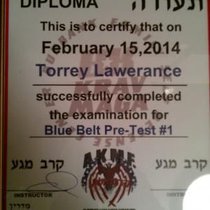 In Feb 2014 I received my certififcate for Blue Belt Pre-Test#1 in Krav Maga