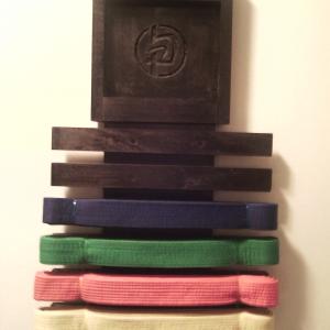 Krav Maga belt rack with Blue Belt attached. Finally awarded it in Dec. 2014