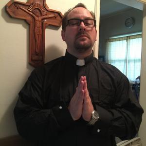 Priest clergy father epic photo. White collar black shirt.