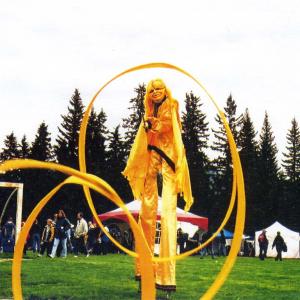 Xstine Cook in her stilt creation East of the Four Directions