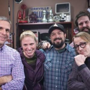 Josh Clark, Lindsey Foster, Chuck Bryant, Brandon Barr and L. C. Crowley on the set of Stuff You Should Know.