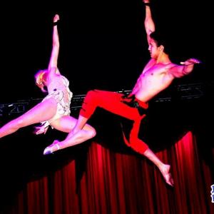 Delka Nenkova and Patrick Gable Marinelli performing an Areal Circus Act for the filming of DELKAStandup Tall Or Fall Burbank California October 2014