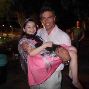 Nikki Hahn with Esai Morales on set of We Have Your Husband for Lifetime 2011