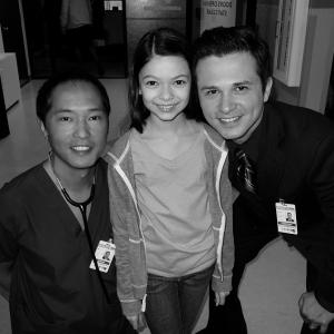 Nikki with Ken Leung and Freddy Rodriguez on set of The Night Shift 2013