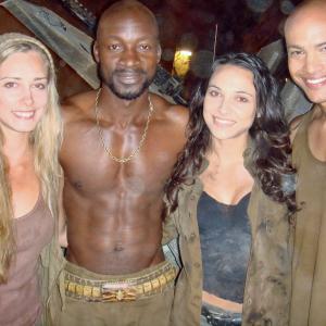 Eugene Khumbanyiwa as Nero on Death Race Inferno' set, With Tamika Doubell, Jesselyn Abrahamse and Anton Jeftha. Cape Town, South Africa