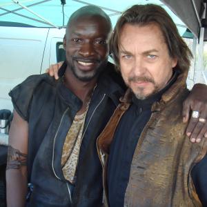 Eugene Khumbanyiwa and Jeremy Crutchley on Death Race Inferno set. Cape Town. South Africa