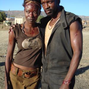Eugene khumbanyiwa as Nero and Ebby Weyime as Maria on Death race 3 set. Cape town, South Africa. Nov 2011.