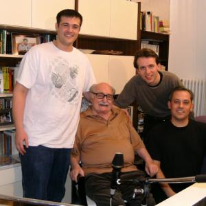 The GermanJewish animation director Kurt Weiler with his grandson Moritz producer David Seffer and sound engineer Matthias Heise during making interviews for a documentary