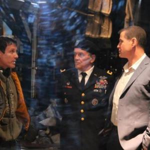 Robert Reynolds as General Callahan on set with Director Mitch Gould left and Michael Par right