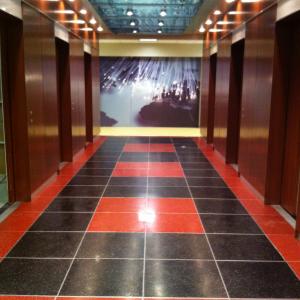 The NewsroomElevator BayFaux painted floor Applied Graphics on Backing wall and Stained Walls