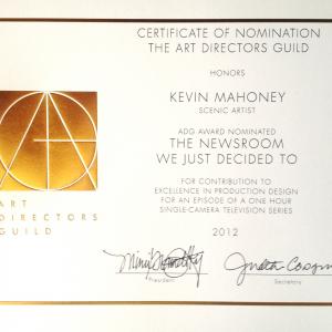 Production Design Awards 2012 Scenic Artist Nomination Certificate The Newsroom Paint Supervisor