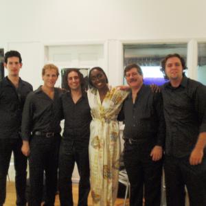 Patrick Pizzolorusso with Tinu and fellow Sax players on the set of Shoeholic