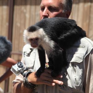 Adrenaline Man aka Andre Relentless Alexsen working with Red faced Capuchin monkey friend Ripley Host Wild Animal Trainer director on Malibu Ranch TV Show God Bless America and all our Troops !