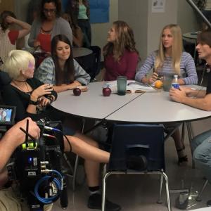 Taylor Kalupa on the set of I'm Not Ashamed in Nashville with director Brian Baugh and actresses Victoria Staley, Masey McLain, and Emma Elle Roberts.