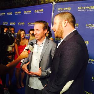 Web series producers Hunter Davis & Chris St. Pierre being interviewed on the Hollyweb Blue Carpet 2015