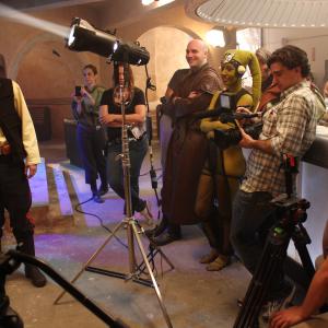 Chris Hardwick Jack Bennett Victoria Schmidt and crew on the Cantina set of The Nerdists Star Wars Cantina Karaoke