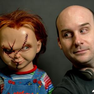 Chucky and directorproducer Jack Bennett too close for comfort on the set of Blood and Guts with Scott Ian