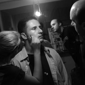 Director Jack Bennett on the set of The Double Life of Deanna Sinclair with actor Sebastian Muoz and makeup artist Rocky Calderon