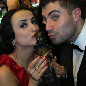 Siobhan Daly and producer Tom Powis with the Olivier Award for Goodnight Mr Tom.