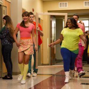Still of Lea Michele Amber Riley and Chord Overstreet in Glee 2009