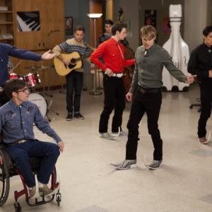 Still of Mark Salling, Kevin McHale, Chris Colfer and Chord Overstreet in Glee (2009)