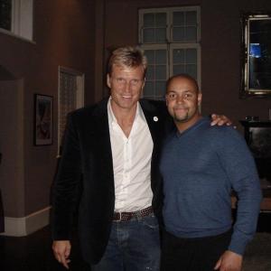 EXPENDABLES  ROCKY 4 star Dolph Lundgren with Producer Martin J Thomas at the Goliath Productions Ltd offices London