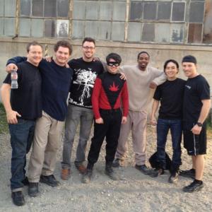 Austin Coleman on the set of Sparks Feature Film with his Stunt Coordinator Brady Romberg and the Stunt Team in the role of the super hero 