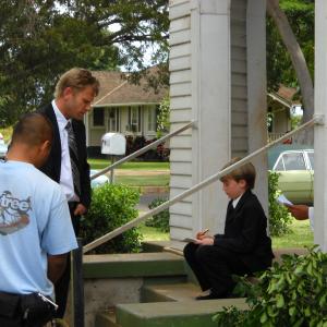 Mark Pellegrino Jacob and Keegan Boos Young Sawyer on the set of LOST