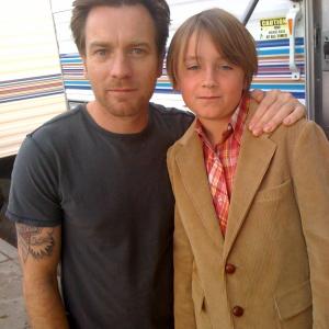 Ewan McGregor (Oliver) and Keegan Boos(Young Oliver) on the set of 