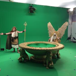 Production still of Matthew Gilmore on set as Poseidon