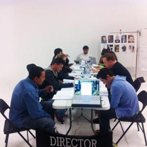 At a table Read including Actors Emilio Rivera and Lane Garrison