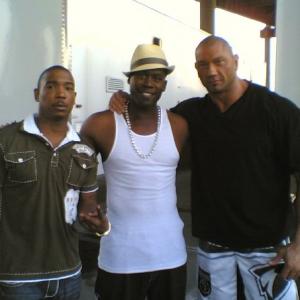 Cedric Burton in the middle, off set before filming of Wrong Side of Town with Ja Rule and WWE wrestler and actor Batista.