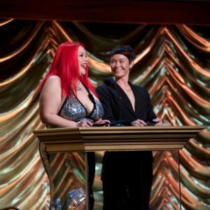 April Flores and Jiz Lee present Gay Performer of the Year and Transgender Performer of the Year at the XBiz Awards.