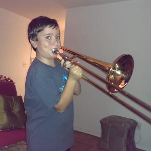 His new favorite instrument - the trombone! 