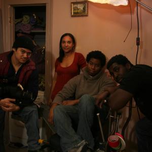 Shooting The Roe Effect. (l to r) Director of Photography Alan Blanco, Actress Nia Fairweather, Writer-Director Kiel Adrian Scott and Production Designer Kevin Kedroe.
