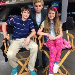 Grayson Maxwell Gurnsey Dylan Everett and Jordyn Ashley Olsen on the set of The Unauthorized Saved By The Bell Story