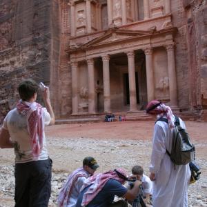 On location for 'Footsteps in Arabia' at Petra, Jordan.