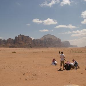 On location for Footsteps in Arabia at the Seven Pillars of Wisdom Wadi Rum Desert Jordan