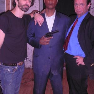 Mark Davis (Sam), Harold Dennis (Detective Ken Marshall) and Bill Stoneking (Congressman Matthew Walden) behind the scenes of the thriller, 