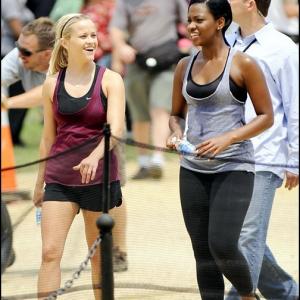 Reese Witherspoon Teyonah Parris On the set of How Do You Know