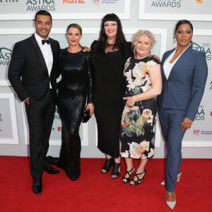 The cast of TV show Wentworth LR Robbie Magasiva Danielle Cormack Katrina Milosevic Celia Ireland and Shareena Clanton arrive at the 2015 ASTRA Awards at the Star on March 12 2015 in Sydney Australia