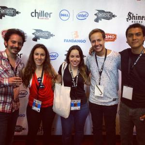 Isaac Ezban and part of the crew of THE INCIDENT Producer Miriam Mercado production designer Adelle Achar 1st AD and associate producer Isaac Cherem and director of photography Rodrigo Sandoval at THE INCIDENTs world premiere at Fantastic Fest 2014