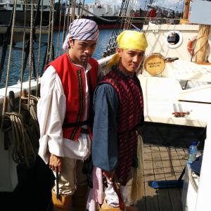 Jonathan Chan and Khanh Trieu in costume for Attack of the Pirates theatre show on the Southern Swan Sydney Harbour tallship 2014