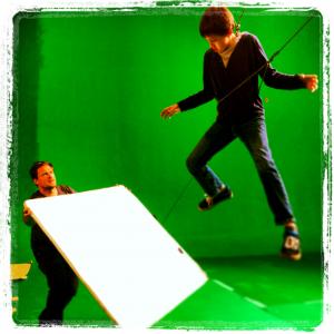Gravity Web Series 2013 Felix flying while Director of Photography Daniel Arayno adjust white board for lighting