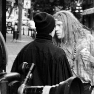 Applying some makeup on location, Vancouver's historic Gastown, 2002, Vancouver Vagabond.