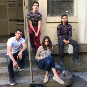 (From left) Alberto De Diego, David Lambert, Maia Mitchell, and Jordan Rodrigues on the set of The Fosters (2014)