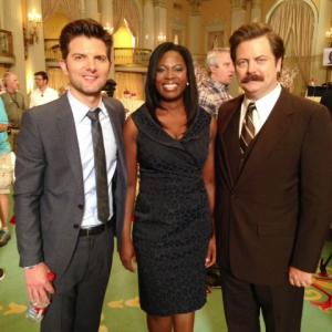 Adam Scott Sope Aluko and Nick Offerman on set of Parks  Recreation