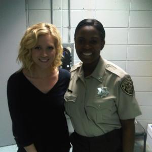 Sope Aluko and Brittany Snow on the set of 96 Minutes