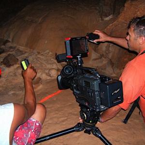 Filming in 'The Cave of the Crystal Maiden' with Dr. Jaime Awe in Belize, Central America.
